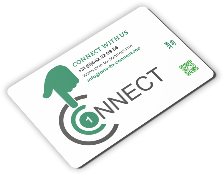 One-to-Connect NFC-visitekaartje met contactinformatie, gepersonaliseerd design en hoogwaardig materiaal. Biedt complete service voor NFC-visitekaartjes, RFID-accessoires en duurzaam bedrukken. Ontdek de toekomst van zakelijk netwerken met gepersonaliseerde NFC-technologie.