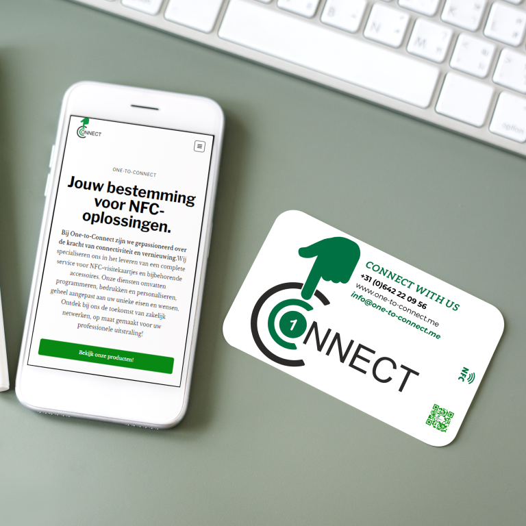 One-to-Connect NFC-visitekaartje en smartphone met NFC-oplossingen website. Bij One-to-Connect bieden wij complete service voor NFC-visitekaartjes, RFID-accessoires, en duurzaam bedrukken. Ontdek de toekomst van zakelijk netwerken met gepersonaliseerde NFC-technologie.